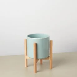 Cylinder Planter With Wood Stand - 5" Pot -Plant house CylinderPlanterwithWoodStandAqua